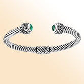 Handmade sterling silver Balinese cuff bangle with round green quartz and twisted rope design